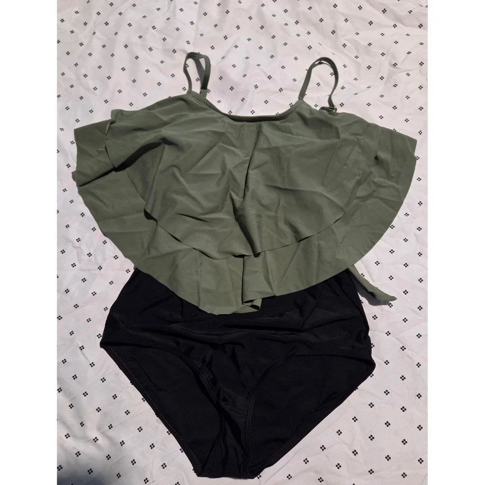 N3w Olive Green Ruffle Flounce One Piece Swimsuit Black Bottoms Girls 15-16Y